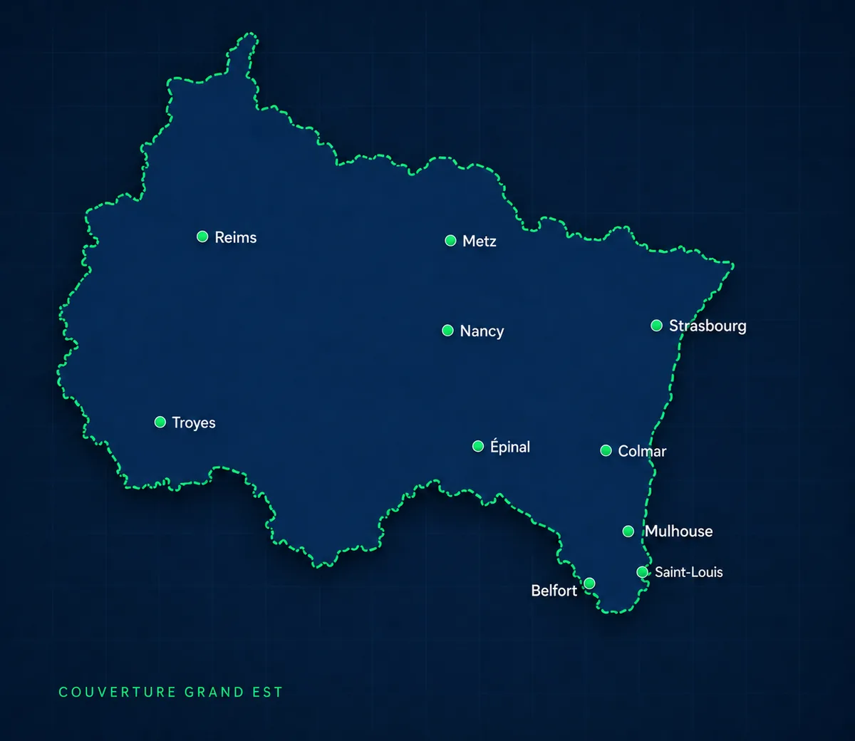 Carte de la zone d'intervention ClairEspace dans le Grand Est : Reims, Metz, Nancy, Strasbourg, Épinal, Colmar, Mulhouse, Belfort, Saint-Louis
